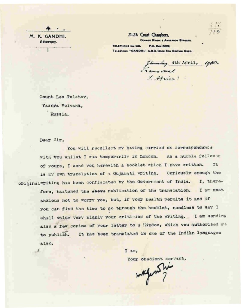 Facsimile of 1910 letter from Gandji to Tolstoy (UHM Library)
