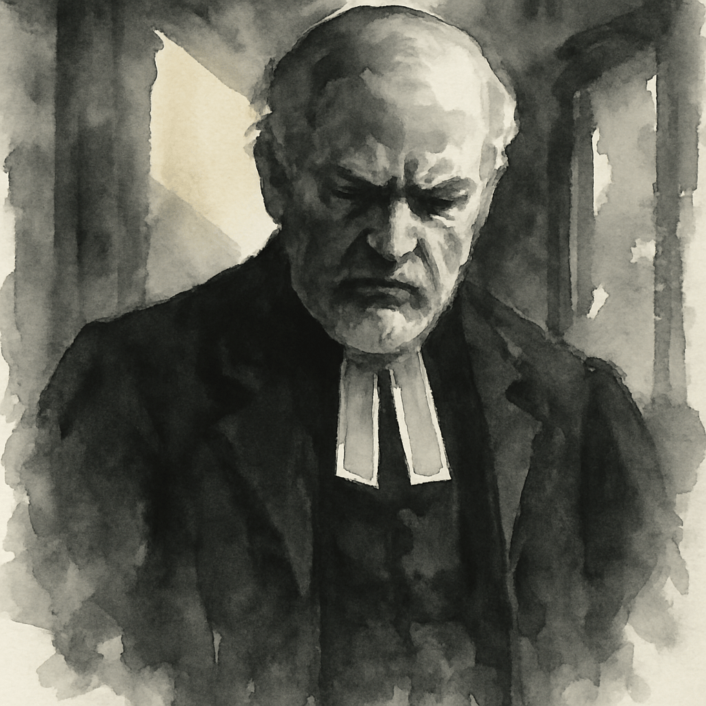 The Scotish clergyman looking down sternly.