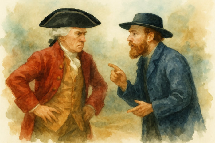 Two European men in 18th-century dress. Lord Macartney One stands tall and reserved, hands on hips. Dinwiddie leans forward, gesturing animatedly.