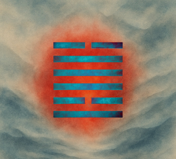 Abstract watercolor of a fiery metallic I Ching hexagram, glowing against a watery background. Symbolizes transformation or revolution..