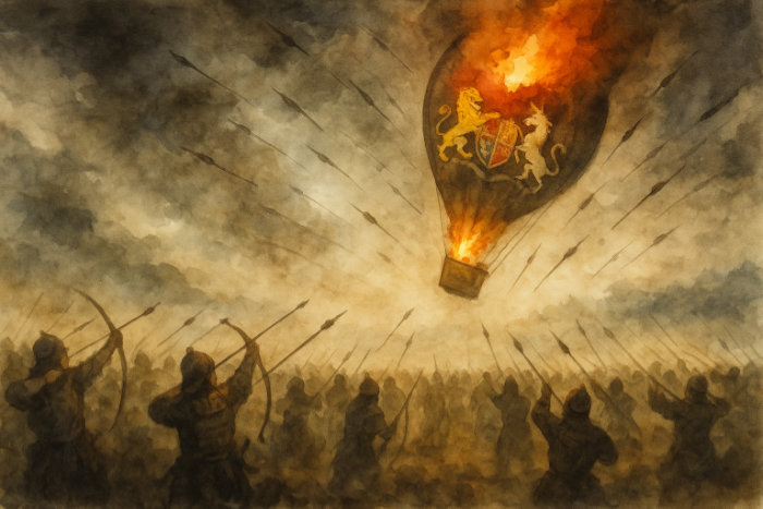 A fire-engulfed hot air balloon, embossed with the British coat of arms featuring a lion and unicorn, plunges from the sky under a gale of arrows, fired upon by amassed warriors.