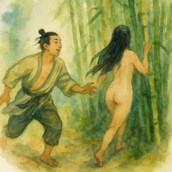 A Chinese man in casual robes pursues a nude woman into a bamboo grove, vanishing into shadow and greenery.