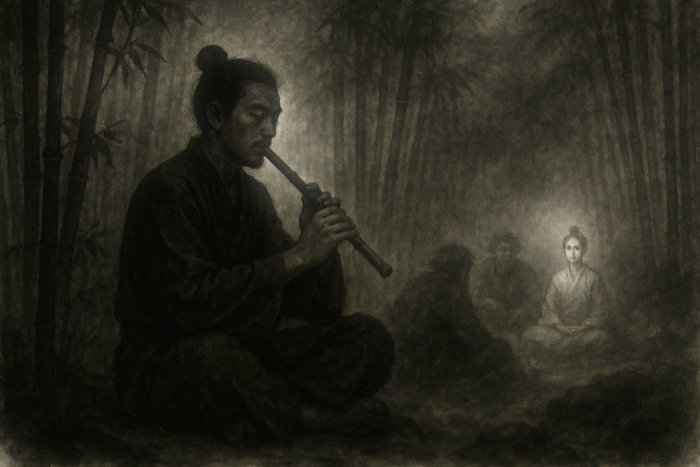 Mow Fung playing his flute in the dark bamboo grove, with Pu-Erh and the poachers in the background