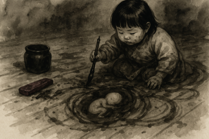 A delicate watercolor of a small East Asian girl seated cross-legged on the floor, her head bowed in quiet concentration as she paints or embroiders with ink on stretched fabric. The style is loose and flowing, evoking traditional brush painting, with soft washes of colour fading into the paper.