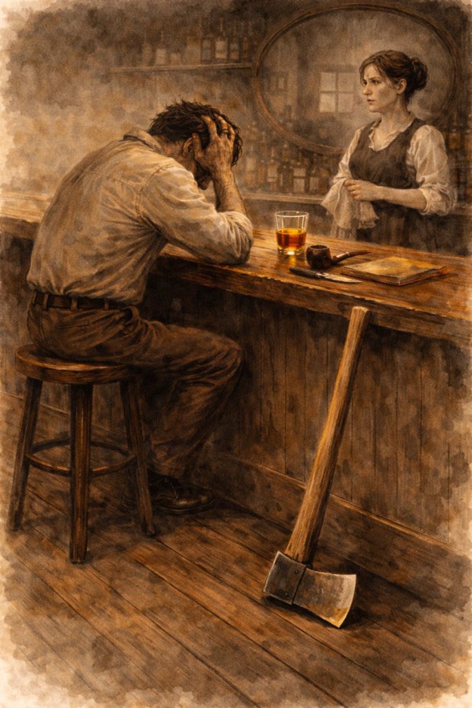 Burns cradles his head, at the hotel bar, an axe leaned up beside him.