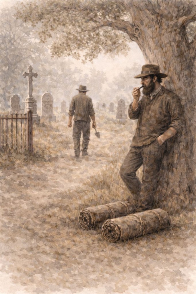 Burns walks away into the cemetery, his back to the viewer; Forbes leans against a tree in the foreground, smoking a pipe.