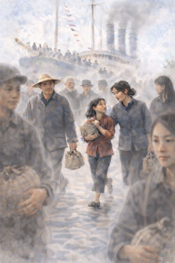 A girl among a crowd of disembarkees from the steamship China, docked at a San Francisco wharf.