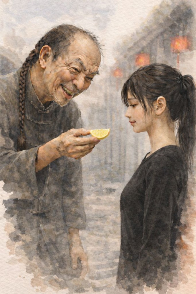 In a Canton street, an old Chinese man, grinning. offers a young woman a piece of lemon. Watercolour image.