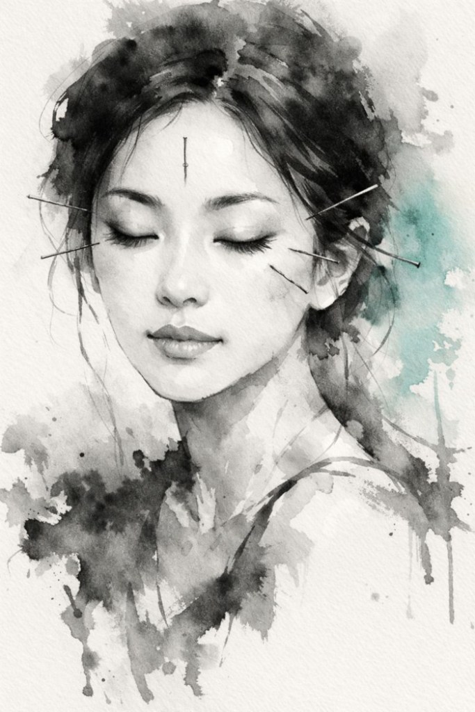 Watercolour image of a Euro-Asian woman in closeup, with her eyes closed, and acupuncture needles in her face, at a few points around the eyes