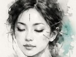 Watercolour closeup of attractive Asian-European woman with acupuncture needles inserted around her eyes