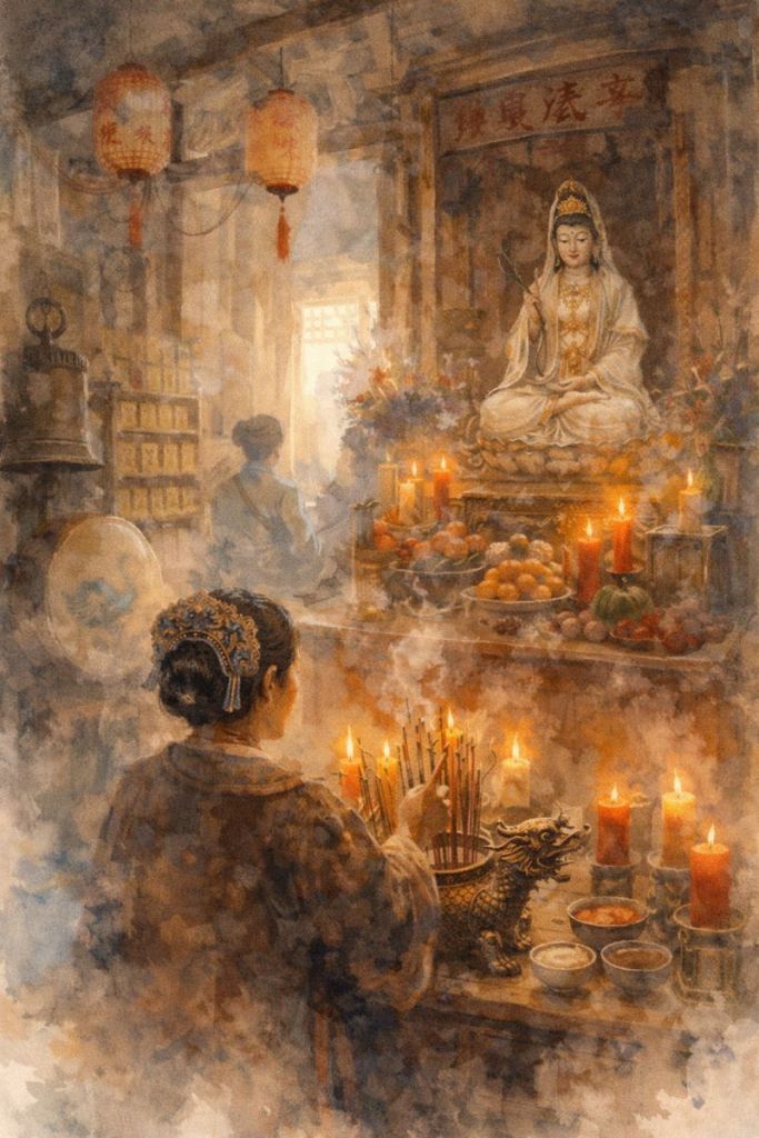 Watercolour of Joss House interior. A woman tends the altar, on which is seated a carved deity. There are incense, lanterns, a drum, and various other religios artefacts.