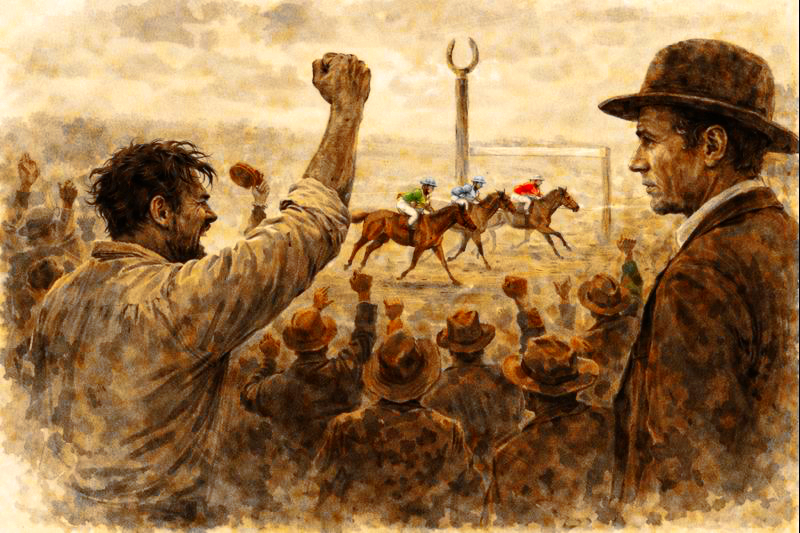 Burns enjoying a win at the country racetrack. He is observed by Archibald Fletcher.