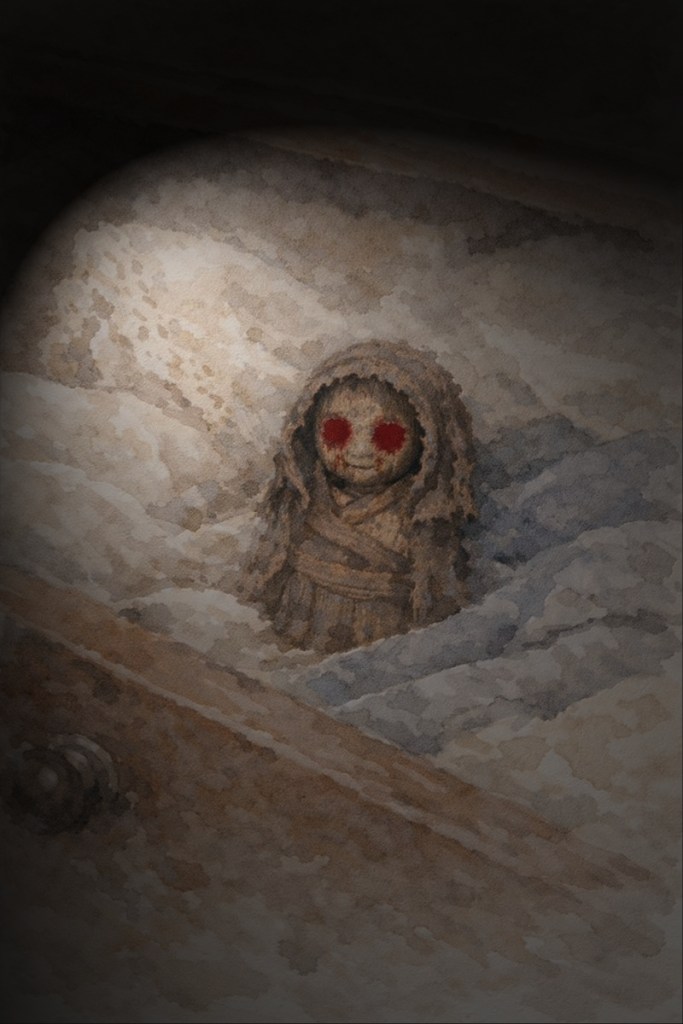 A handmade Dew Doll in the back of Florence’s drawer, partially hidden among folded cloth; its eyes are faintly red, and its body is bound with twine.