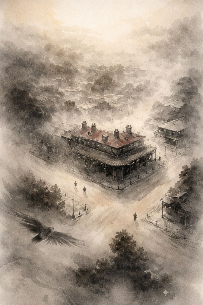 Aerial view of a street intersection in Stawell, Victoria, with a historic pub on the corner and surrounding buildings under bright daylight.