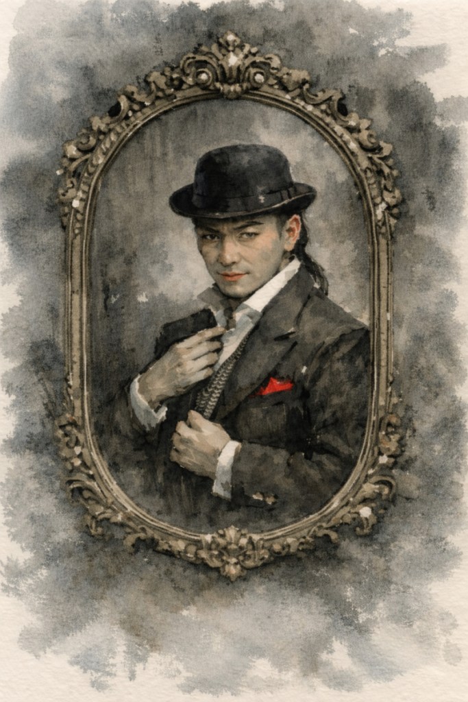 The highbinder Fang wearing suit, derby, and barely concealed chainmail vest, preens himself in an ornate mirror, adjusting his appearance with deliberate care. The image is rendered in a watery, near-monochrome wash with a subtle red highlight, the reflected figure contained within the frame and the edges fading into abstraction.