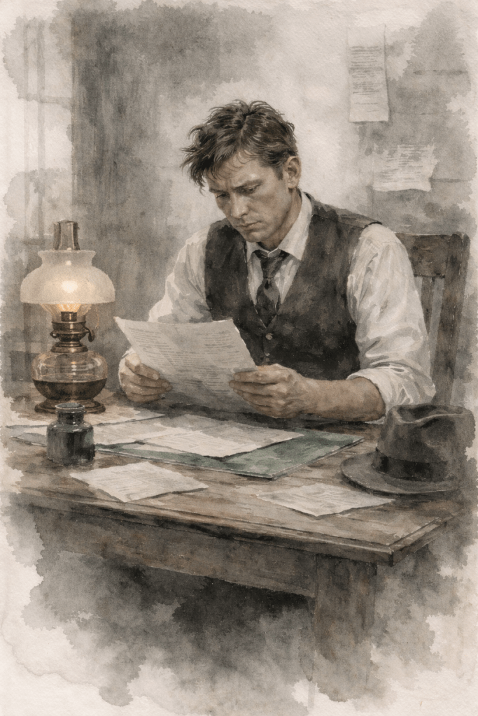 Detective Forster sits alone at his desk in a modest 1880s bush office, leaning over papers in a dark coat and brimmed hat. An oil lamp and scattered documents rest on the desk, and the scene has a sombre, reflective mood.