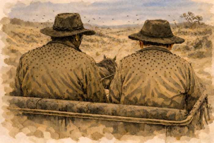 Rear view of Forster and Mow Fung riding in a trap across an abandoned goldfield, their backs dark with swarming flies as the dusty track threads through pockmarked earth.