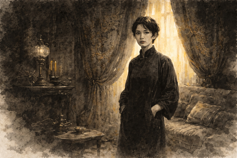 Lily Chang in a loose black thick-cotton changpao stands in the Jade Phoenix parlour before a curtained window, half-lit in shadow.