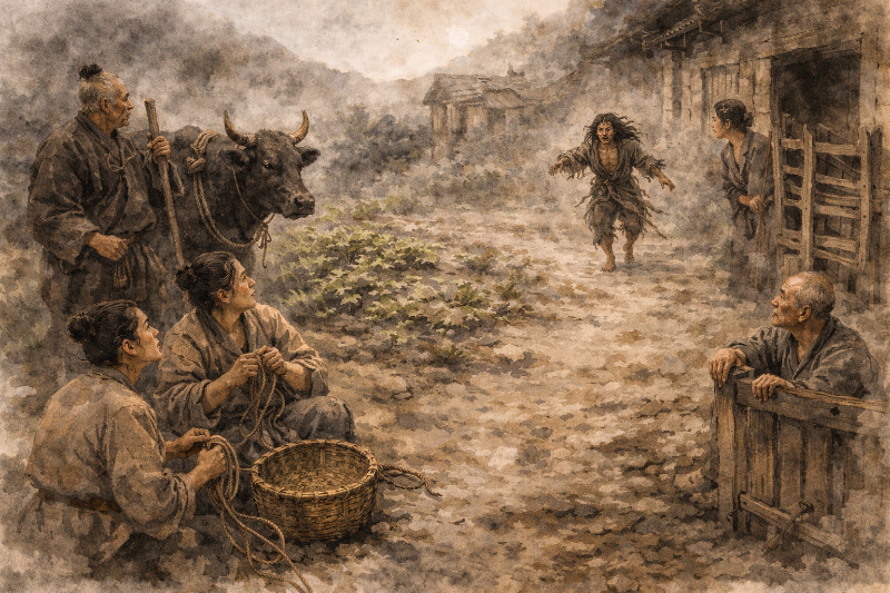 A dishevelled monk runs toward villagers, who stop their work and stare at him in a mountain village scene.