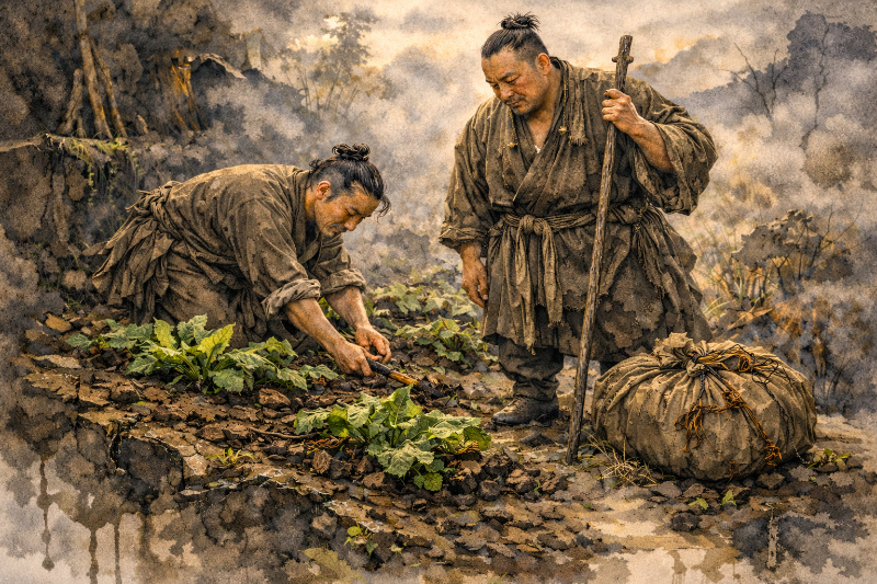 Two weathered monks tend a small garden in a misty, rugged landscape.