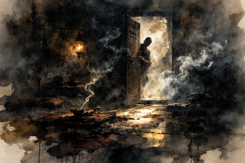 A shadowed figure peers into a smoky opium den filled with drifting haze and dimly seen occupants.