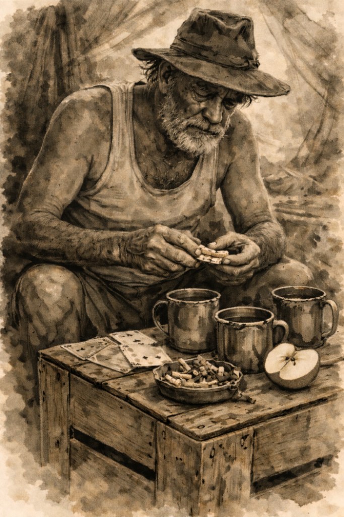 Painter the elder sits in a canvas tent beside an upturned fruit-box table, tea and battered cups among cards and ash.