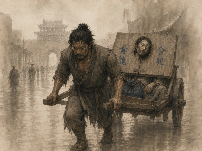 Manhauling a cart through a narrow street, carrying an exhausted passenger slumped beneath a large wooden cangue.