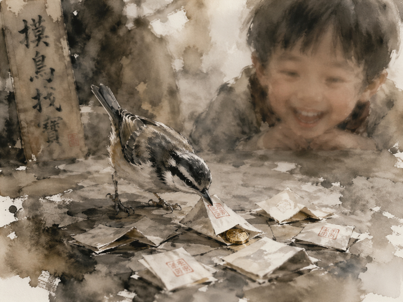 Little boy crouching beside a street trainer’s tiny birds as one picks from a heap the paper slip hiding a coin.