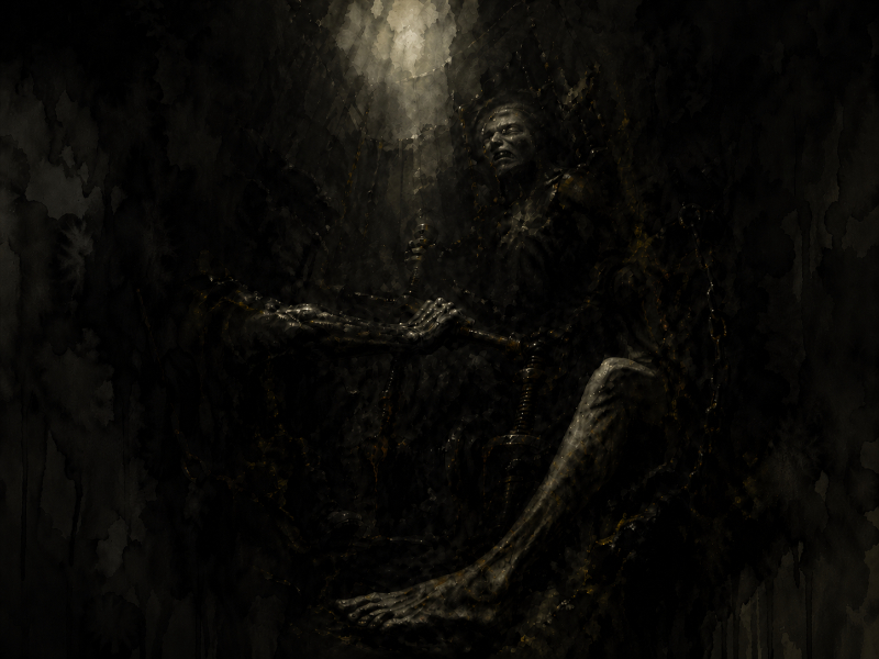 Emaciated pit worker bound to a chain-pump in a dark mine shaft, half-submerged and reduced to a “water toad” by brutal labour.