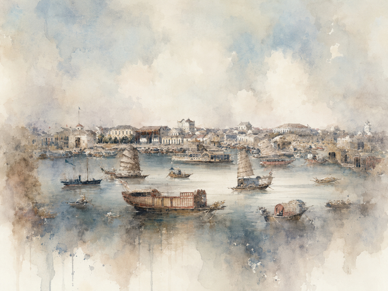 Abstract watercolour view of Canton port, with pale hongs, river craft, and misty shoreline forms dissolving into soft washes at the edges.