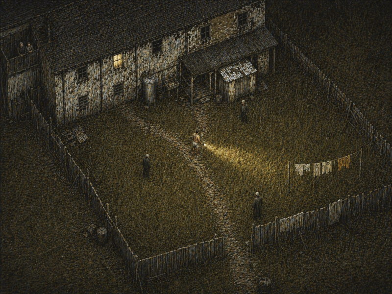 Stylized aerial view of a rooming house and yard at night, with a clothesline hung with washing. Four figures stand in the yard: three at the corners of a triangle, the fourth with a flashlight between them.