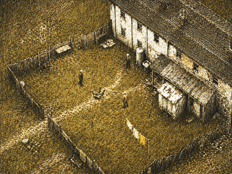 Stylized aerial view of a rooming house and yard, with a clothesline hung with washing. Four figures stand in the yard: three at the corners of a triangle, the fourth lying on the ground between them.