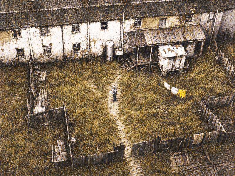 Stylized aerial view of a rooming house and yard at night, with a clothesline hung with washing. One figure stands on a path inside the yard, reading a sheet of paper.