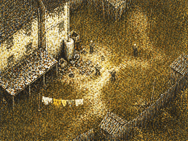Stylized aerial view of a rooming house, with four figures standing in the yard, as well as a clothesline with washing.
