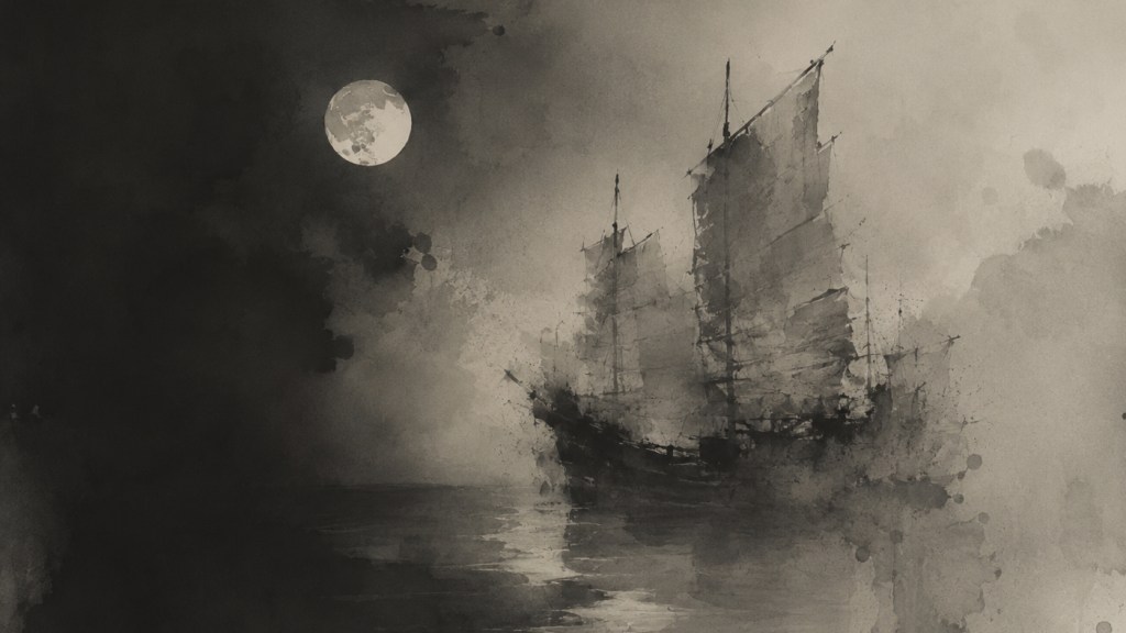 Spectral Chinese junk drifting through moonlit mist in black ink-wash style