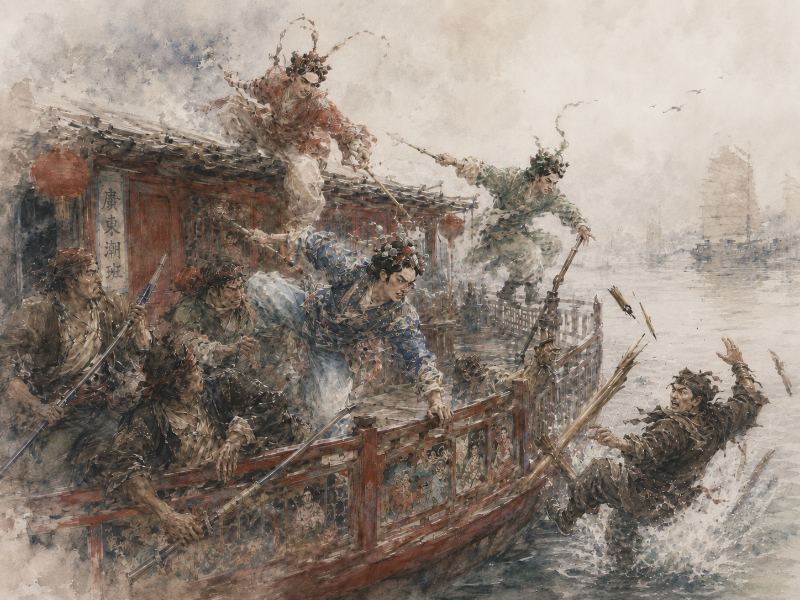 Abstract watercolour scene of Cantonese opera performers fighting pirates on a narrow red boat, with figures, pikes, and river mist dissolving at the edges.