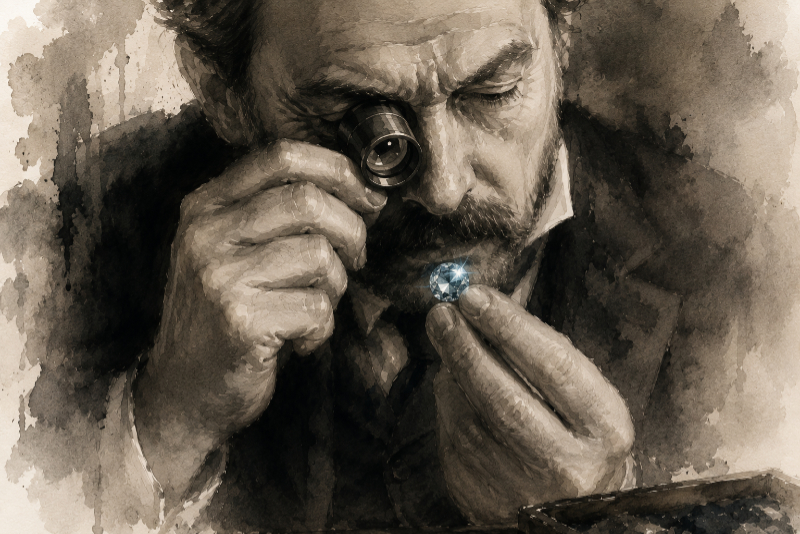 Closeup image in watercolour of a jeweller examining a sparkling diamond