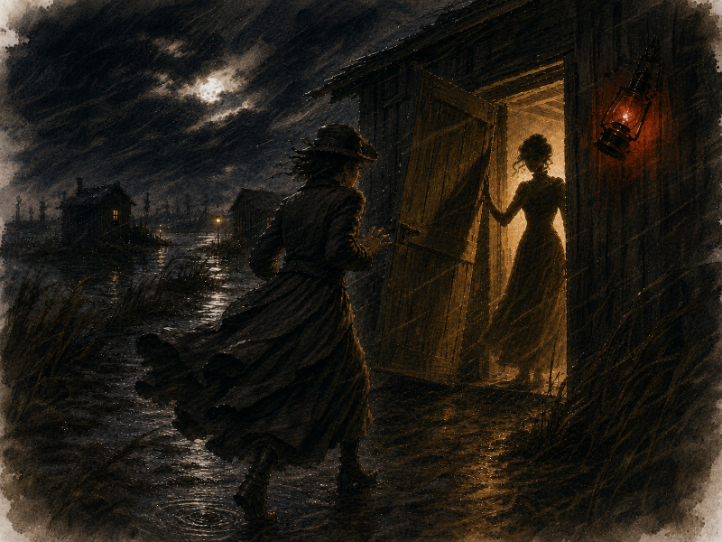 Lili Chan, in dark walking clothes and hat, stands in the wind outside a swamp shack as the door opens and yellow lamplight silhouettes a woman within.
