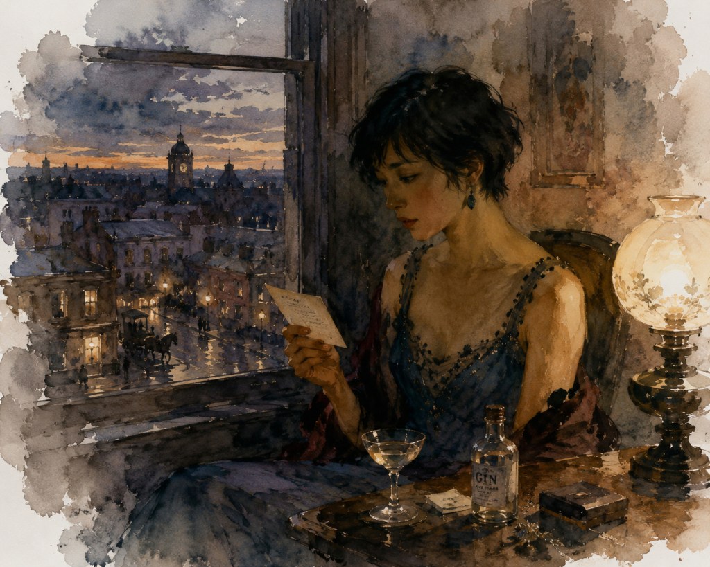 Chinese-European woman sits by window in her hotel room, reading a note