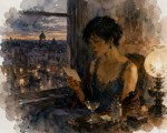 Chinese-European woman sits by window in her hotel room, reading a note