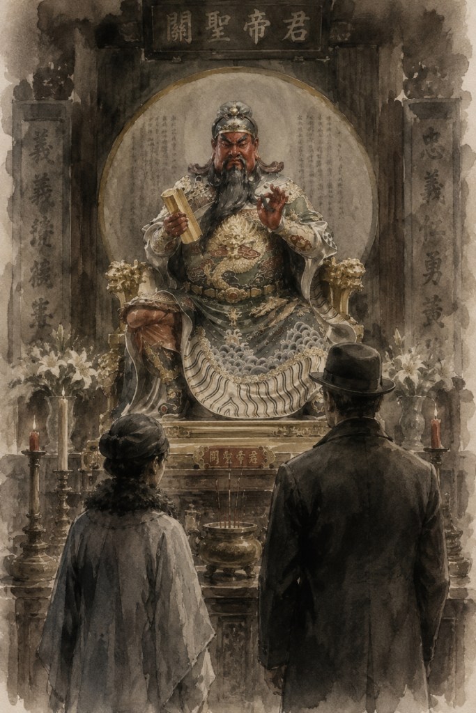 Lili and Forster standing before the See Yup Temple patron deity Yuan Ti (aka Guan Yu)
