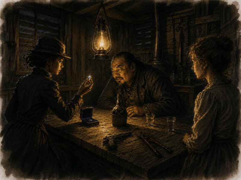 Lili presents a ring across a rough table to Algernon while Moira watches inside the lamplit shack.