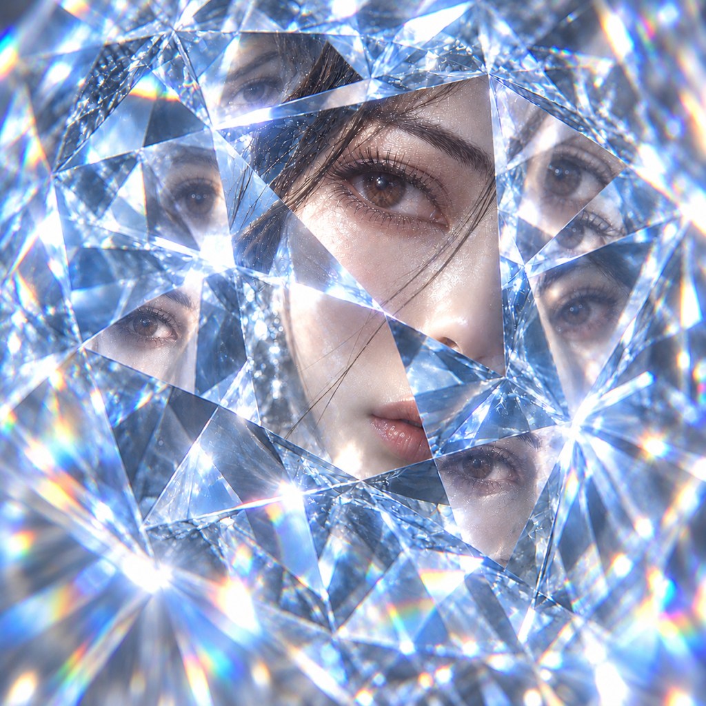 Lili Chan seen through the facets of the Blue Marquis diamond, her face fragmented in pale blue and crystalline reflections