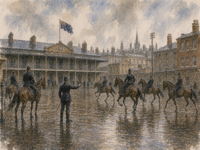 Russell Street Barracks, Melbourne, exterior view; colonial building flying Union Jack; troopers doing drills on horseback