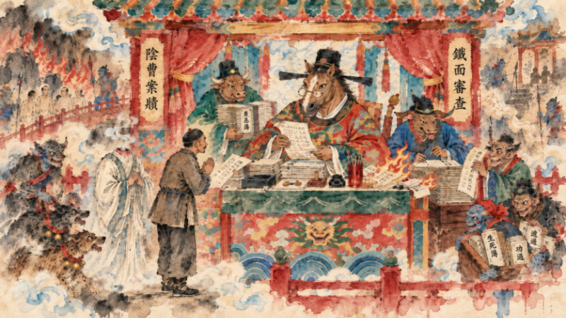 Horse-face and ox-face officials in the Underworld, Chinse scroll style; Mow Fung and the headless spirit stand before them